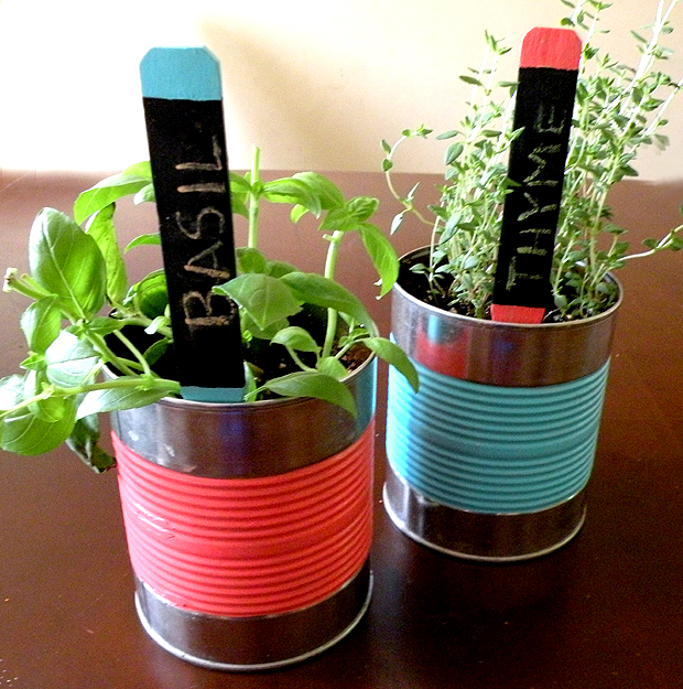 Basil and Thyme planted in painted 28oz tin cans with pretty chalk markers inside the soil.