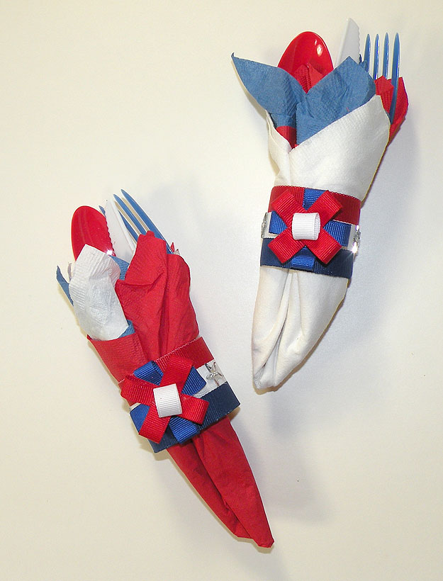 Red, white and blue napking rings with ribbon