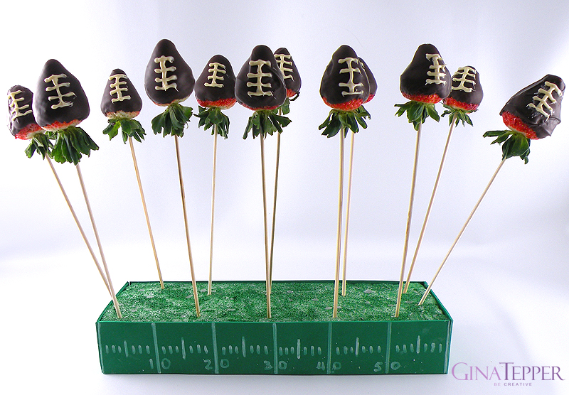 Chocolate Covered Strawberry Footballs in Football Field Skewer Holder
