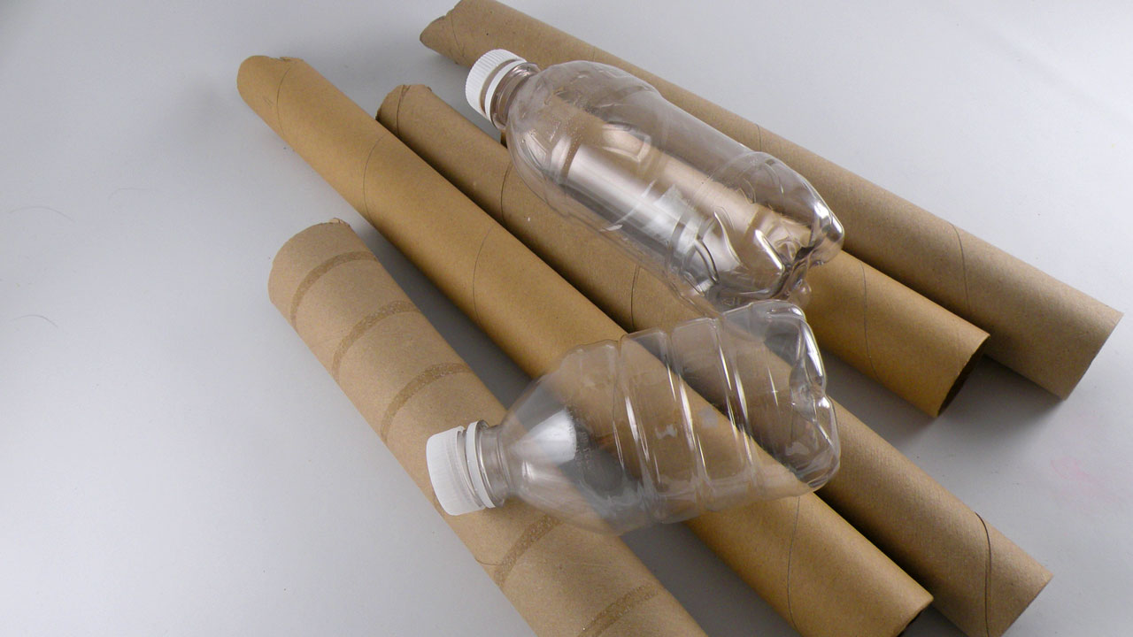 paper tubes and empty water bottles