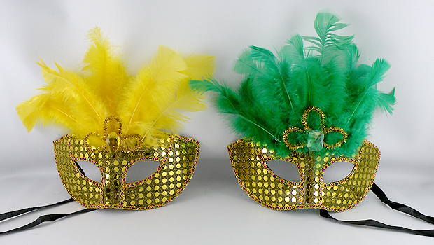 Gold Mardi Gras Masks with green and yellow feathers