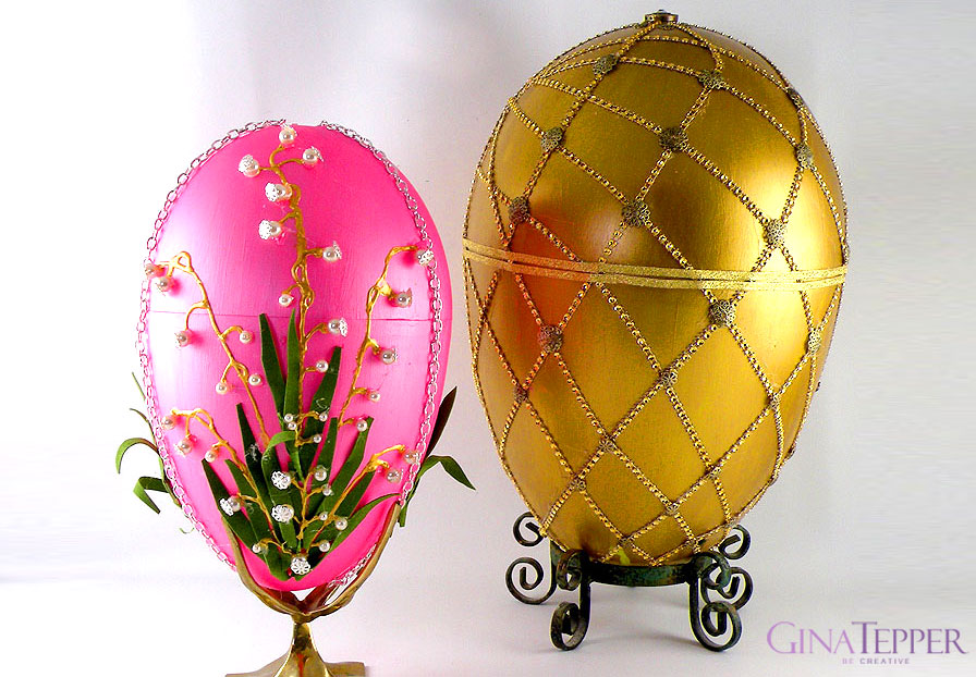 gold imperial faberge egg and pink lilly of the valley egg