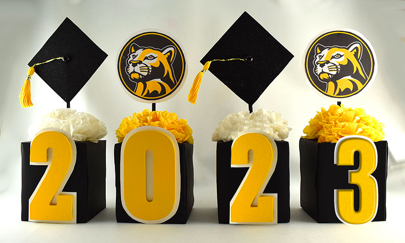 Cubes with on the front of the boxes and alternating black graduation hats with yellow tassels and school mascot