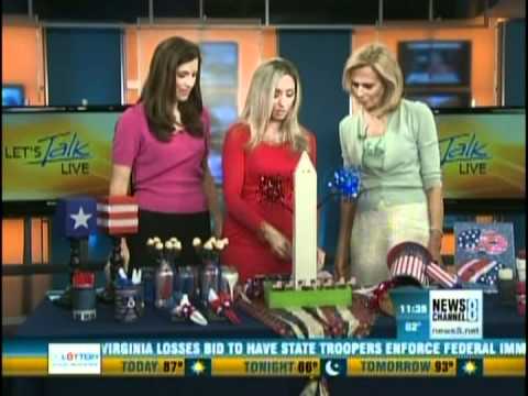 Gina Tepper demonstrating easy 4th of July crafts on News Channel 8’s Let’s Talk Live, featuring patriotic red, white, and blue DIY decorations on a studio table.