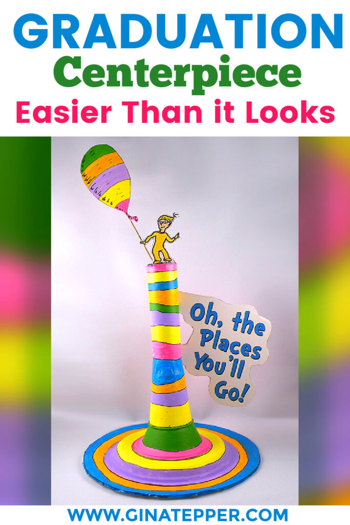 DIY graduation centerpiece inspired by the book Oh, The Places You'll Go, featuring a balloon and character for a Class of 2026 party.