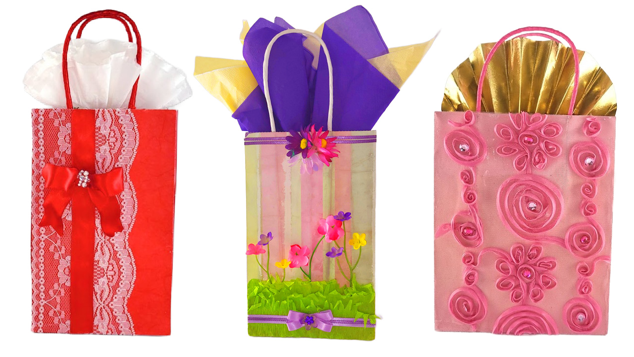 Three decorated gift bags showing tissue paper alternatives: a red bag with white coffee filters, a floral bag with napkins, and a pink bag with a gold wrapping paper fan.