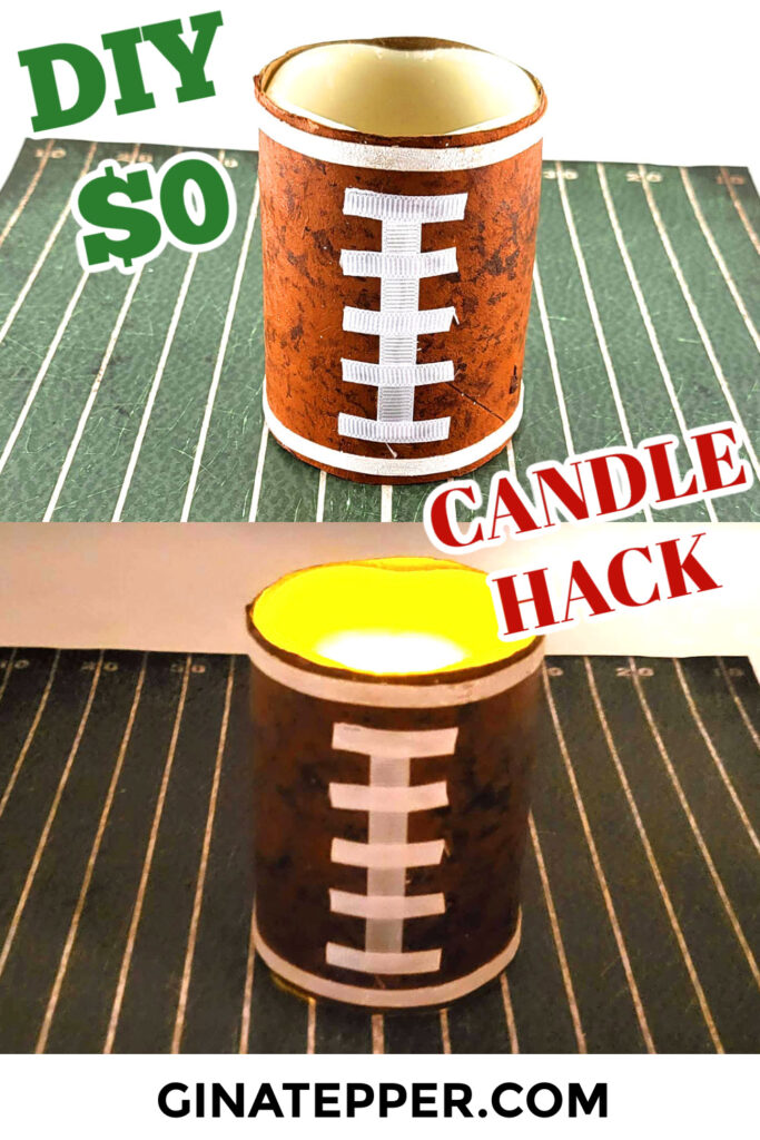 Vertical Pinterest graphic showing a DIY football candle unlit and lit with a warm glow, featuring text DIY $0 CANDLE HACK.