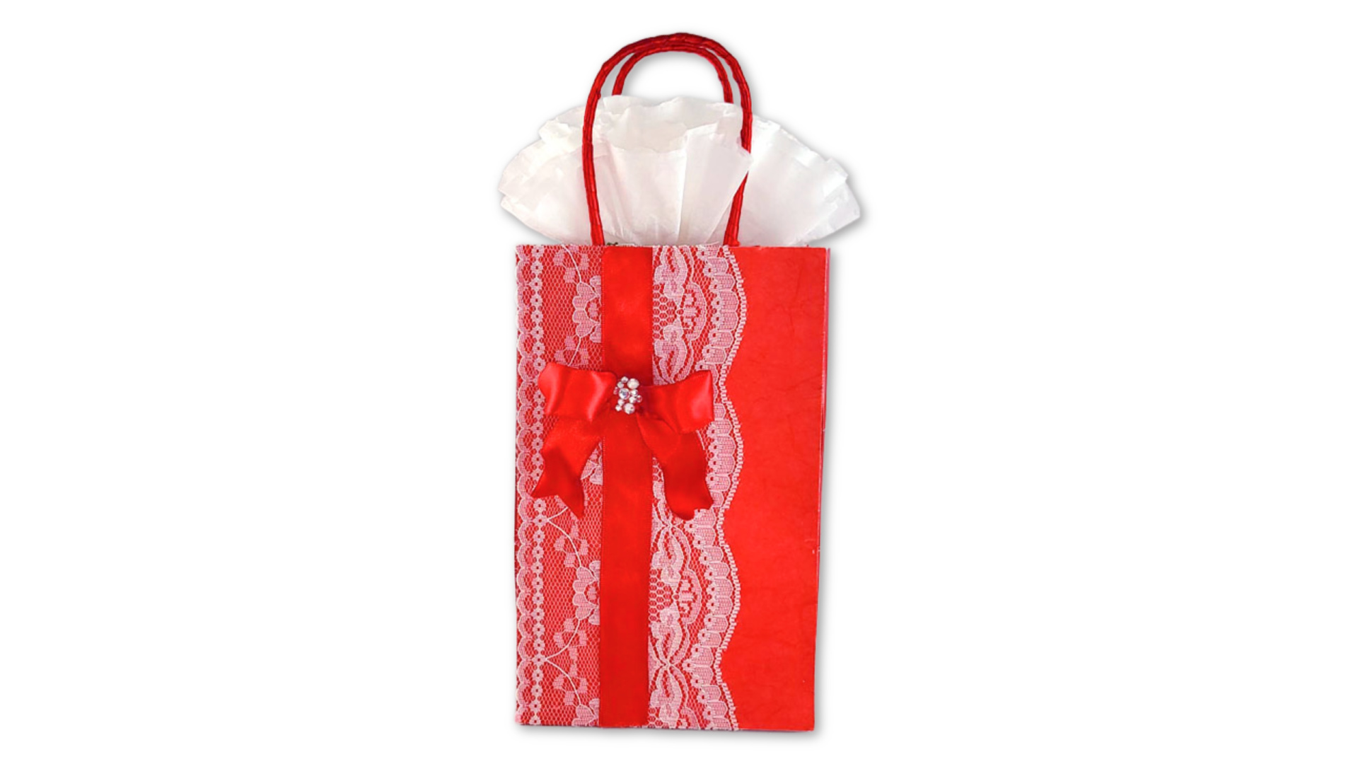Red gift bag with white lace ribbon featuring a fluffy white coffee filter flower sticking out the top instead of tissue paper.