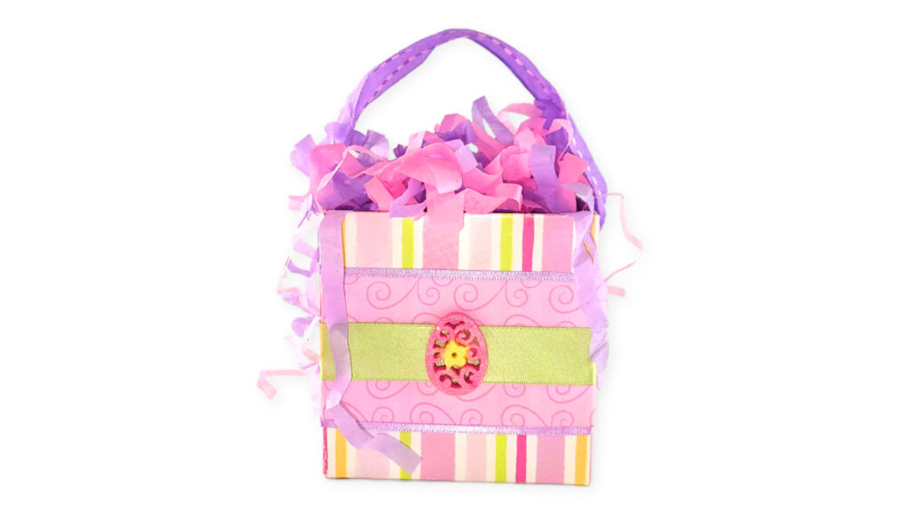 Boutique-style DIY Victorian gift box made from striped cardstock, satin ribbon, and a custom floral embellishment.