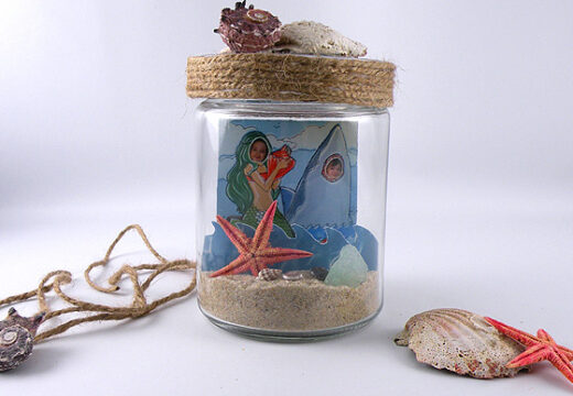 Mason Jar filled with a Beach Photo, Sand and Shells