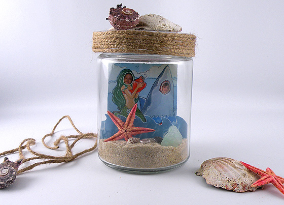 Mason Jar filled with a Beach Photo, Sand and Shells