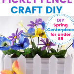 White Picket Fence Planter Spring Centerpiece with purple and yellow artificial flowers with a yellow butterfly