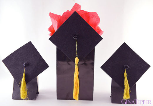 Three Black Gift Bags with Black graduation caps and gold tassels