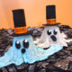 super cute small glowing ghosts with a top had, halloween ribbon around the brim, big oval eyes with an eye shine and small surprised mouth.