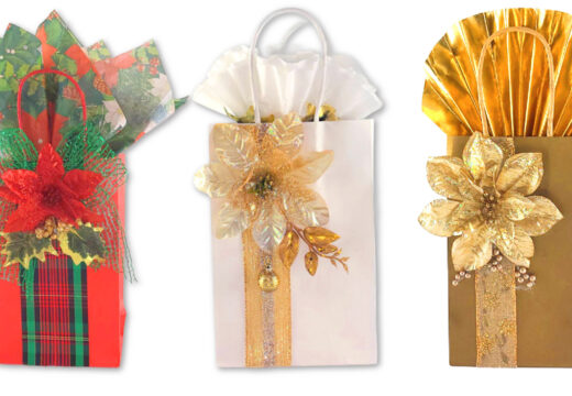 Three gift bags showing tissue paper alternatives. Left: A red bag with a poinsettia napkin insert. Center: A white bag with a ruffled coffee filter flower. Right: A gold bag with a pleated wrapping paper fan.