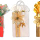 Three gift bags showing tissue paper alternatives. Left: A red bag with a poinsettia napkin insert. Center: A white bag with a ruffled coffee filter flower. Right: A gold bag with a pleated wrapping paper fan.