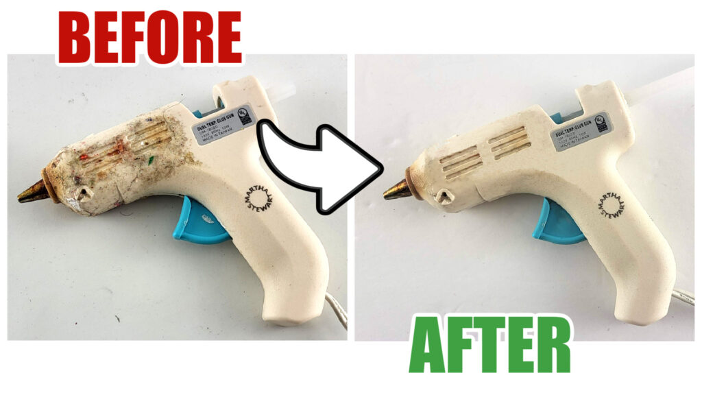 A before and after photo showing how to clean a hot glue gun. The before image shows a messy glue gun covered in burnt residue, and the after image shows it perfectly clean after using the aluminum foil hack.