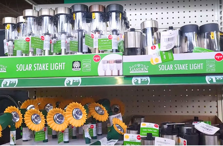Sunflower solar lights and solar stake lights displayed at Dollar Tree