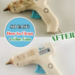 Before-and-after photo showing a hot glue gun cleaned using a simple aluminum foil hack, demonstrating how to remove glue residue and burnt glue easily.