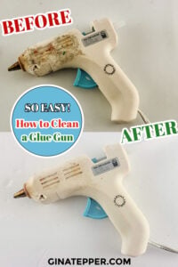 Before-and-after photo showing a hot glue gun cleaned using a simple aluminum foil hack, demonstrating how to remove glue residue and burnt glue easily.