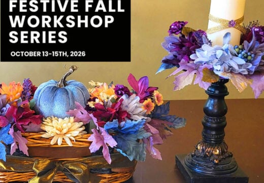 Promotional graphic for the free 3-Day Festive Fall Workshop with floral centerpiece and candle ring.