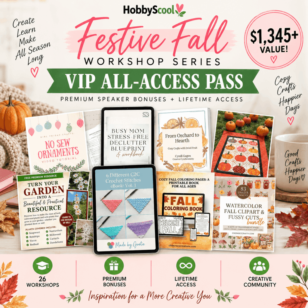Promotional graphic for the free HobbyScool Festive Fall Workshop, taking place October 13-15, 2026. The three-day virtual event features 26 creative workshops from multiple expert instructors, including Gina Tepper, with fall DIY, decorating, crafting, and upcycling projects.
